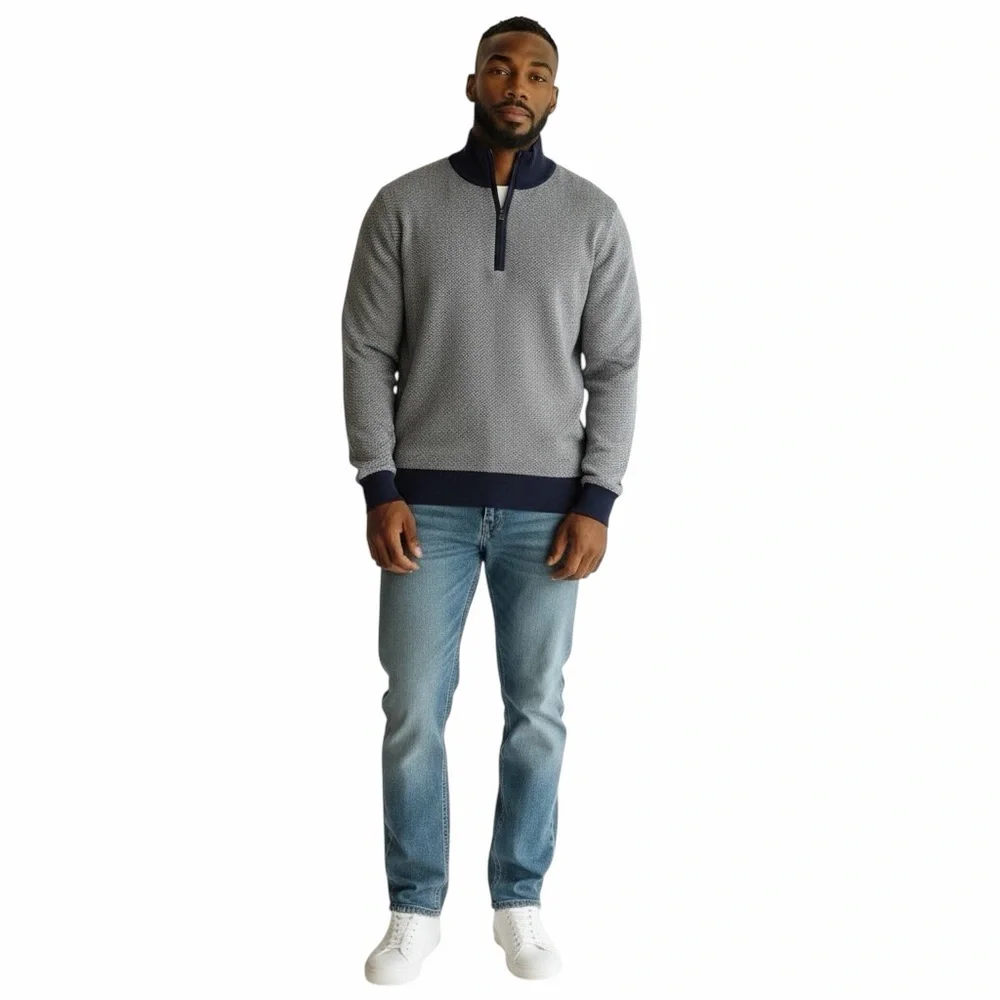 NWT J.Crew Men’s Cotton Herringbone Quarter Zip‎ Sweater Navy Gray Size M